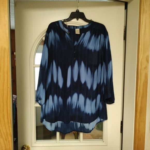 Faded Glory Navy Blue Light Blue Designed 3/4 Sleeve Blouse Size Women's 22W/24W - Picture 1 of 2